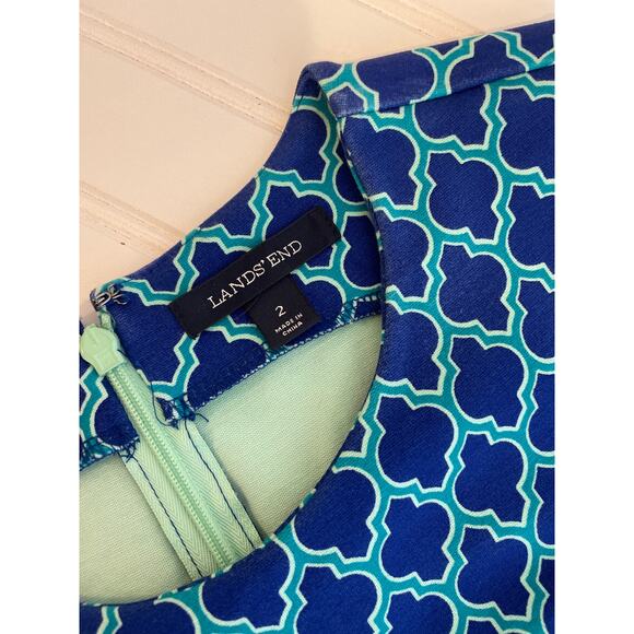 Lands End Teal Print Sleeveless Crew Neck Sheath Dress Womens Size 2 - Picture 5 of 7